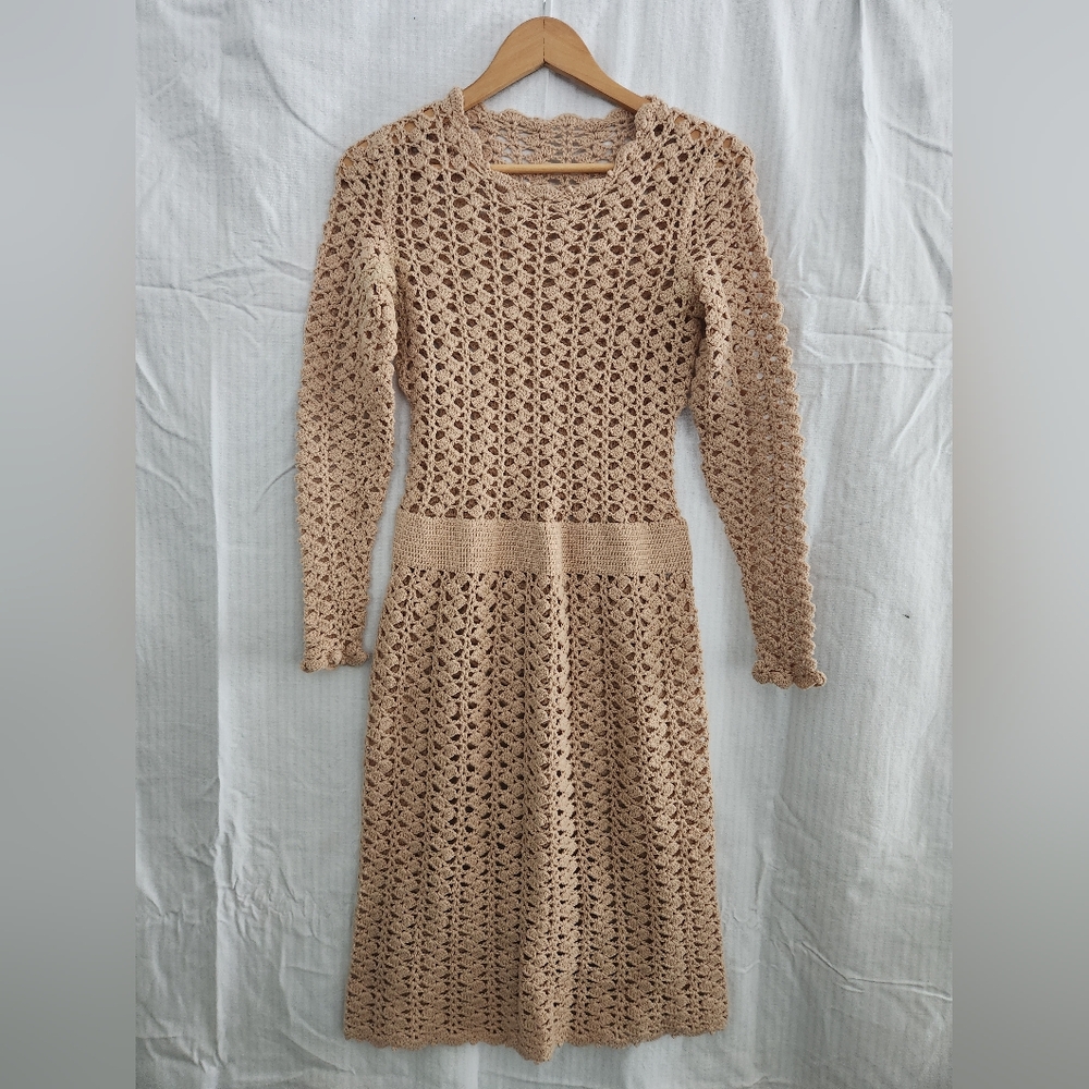 Elegant True Vintage Crochet Knit Dress - Taupe Long Sleeve - XS/S